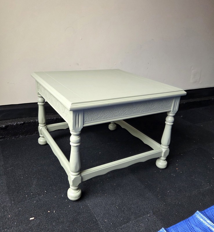 Upcycle Vintage Refurbished End Table Accent Soft Green Gargoyle Hand Paint Wood gallery