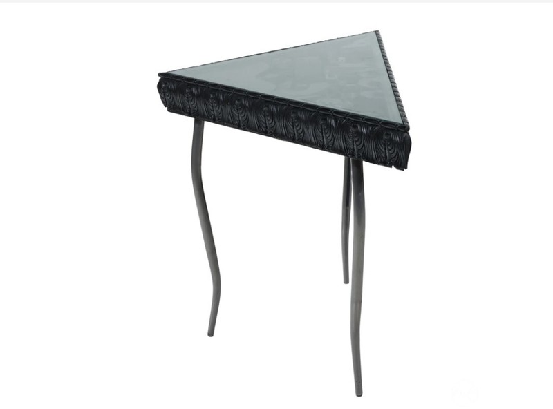 Louise Nevelson (after) Sculptural Collage Black Wood Accent Table Triangle MCM gallery