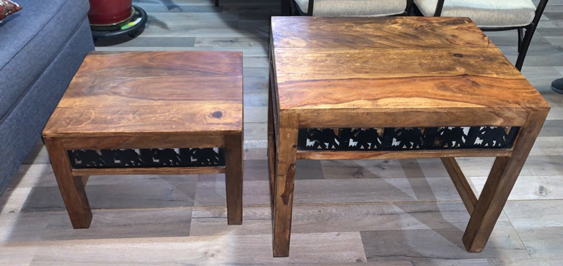 set of 2 ) ANTIQUE WOODEN TABLES WITH METAL ELEPHANT DESIGN