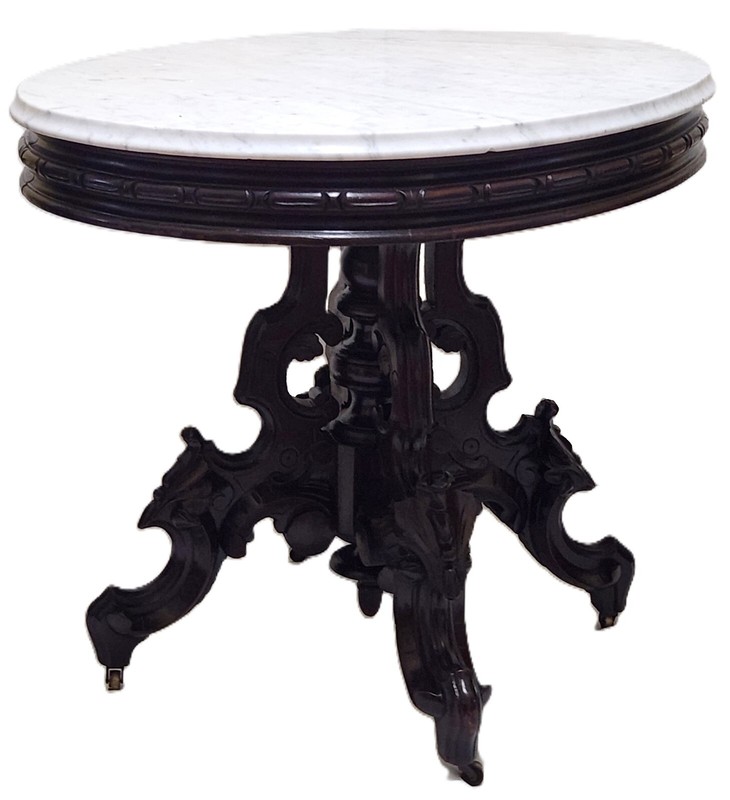 Center Parlor TABLE, Thomas Brooks NYC, Renaissance Victorian, Marble Top, 40"L gallery