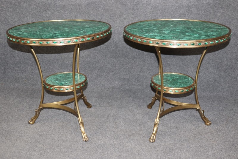 Pair Rare Dore' Bronze French Directoire Malachite Adorned Gueridon End Tables gallery