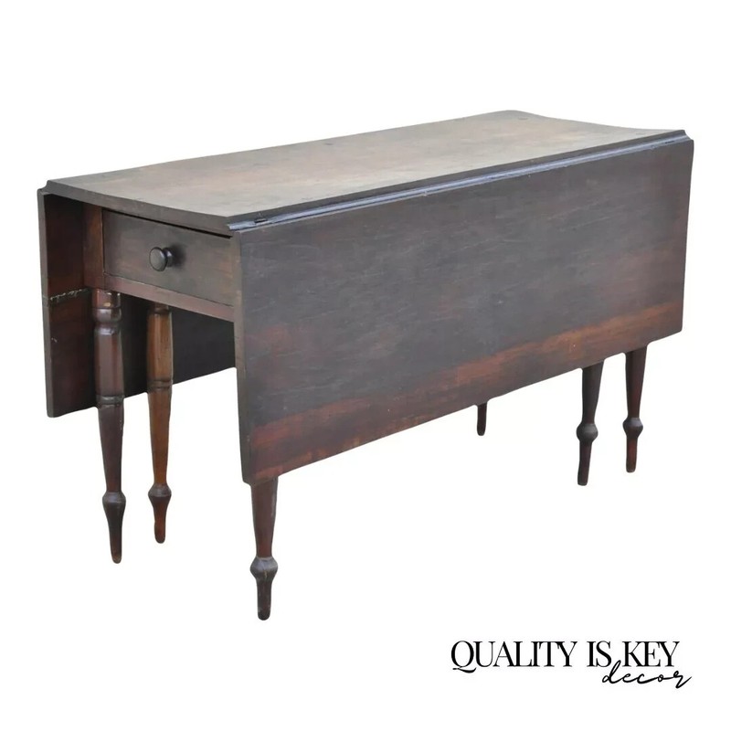Antique 19th Century Colonial Walnut Drop Leaf Breakfast Dining Table w/ Drawer