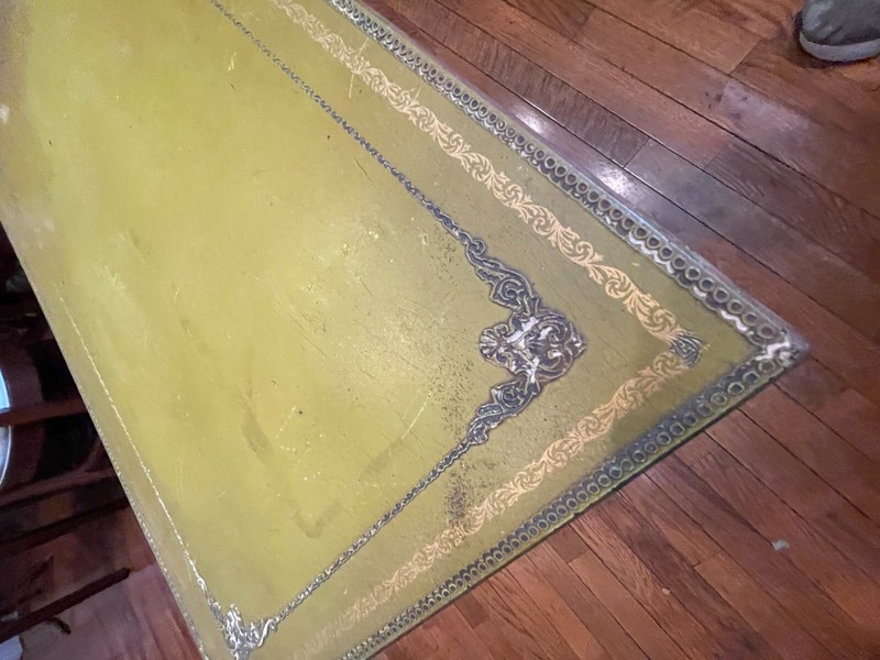 Leather Topped card side table 24 carot gold leaf tooling hand embossed blind gallery