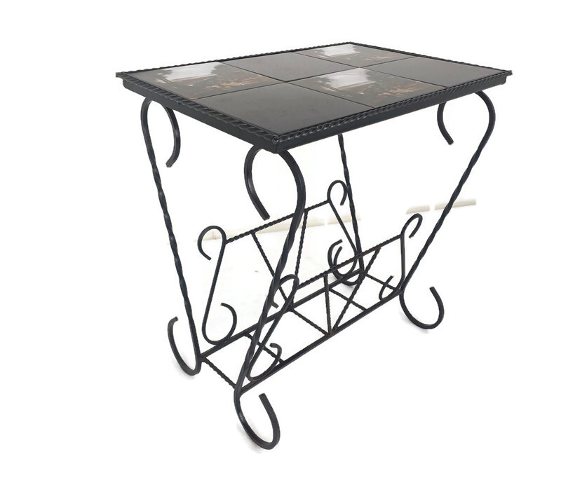 Vintage Mid Century Modern Magazine Newspaper Basket Rack Side Table Ceramic Til