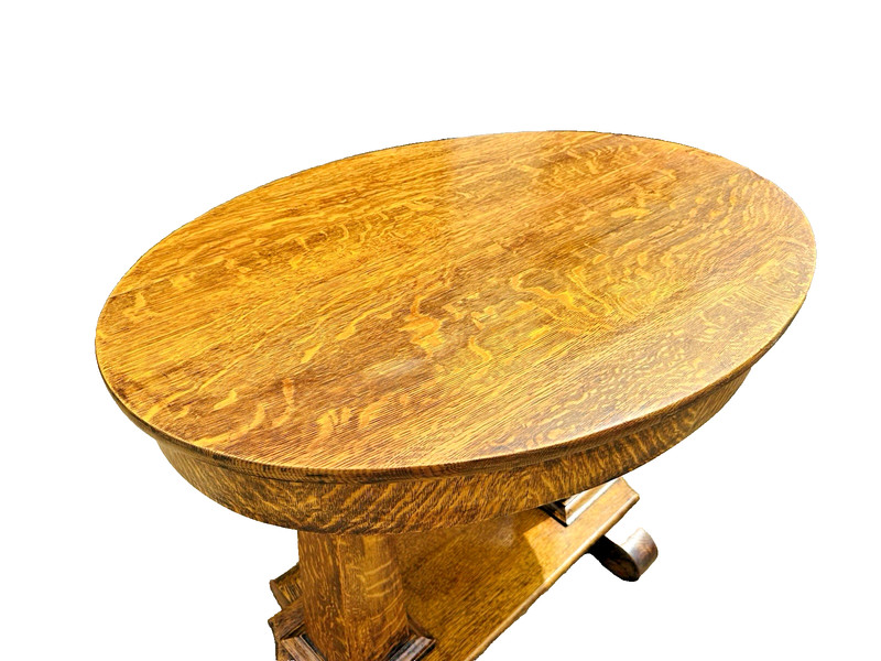 Beautiful Antique Quartersawn Tiger Oak Wood Oval Library Desk Pedestal Table gallery