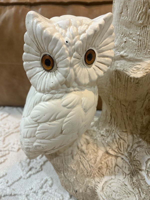 Vintage Mid Century 1970's Chalkware 2 Owls on Tree Branch Side End Table Base gallery