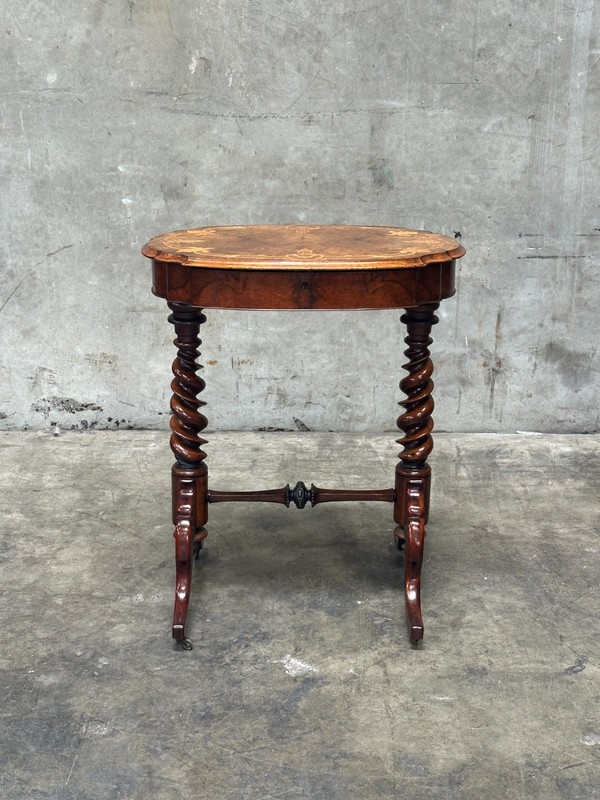 19th C English Burl Walnut Sewing Table Barley Twist Legs 1857 with Inscription