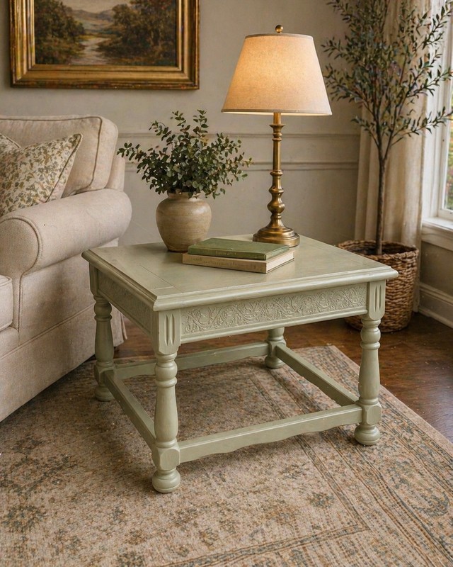 Upcycle Vintage Refurbished End Table Accent Soft Green Gargoyle Hand Paint Wood