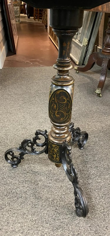 19th Century Paint Decorated Tilt Top Table with Scrolled Iron Feet gallery