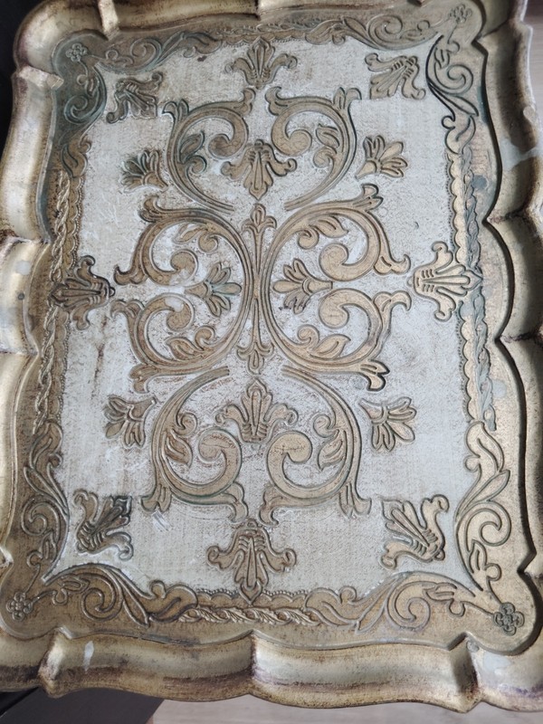 Vintage Italian Florentine Accent Table Gold Gilt Tones & Off White, Ornate gallery