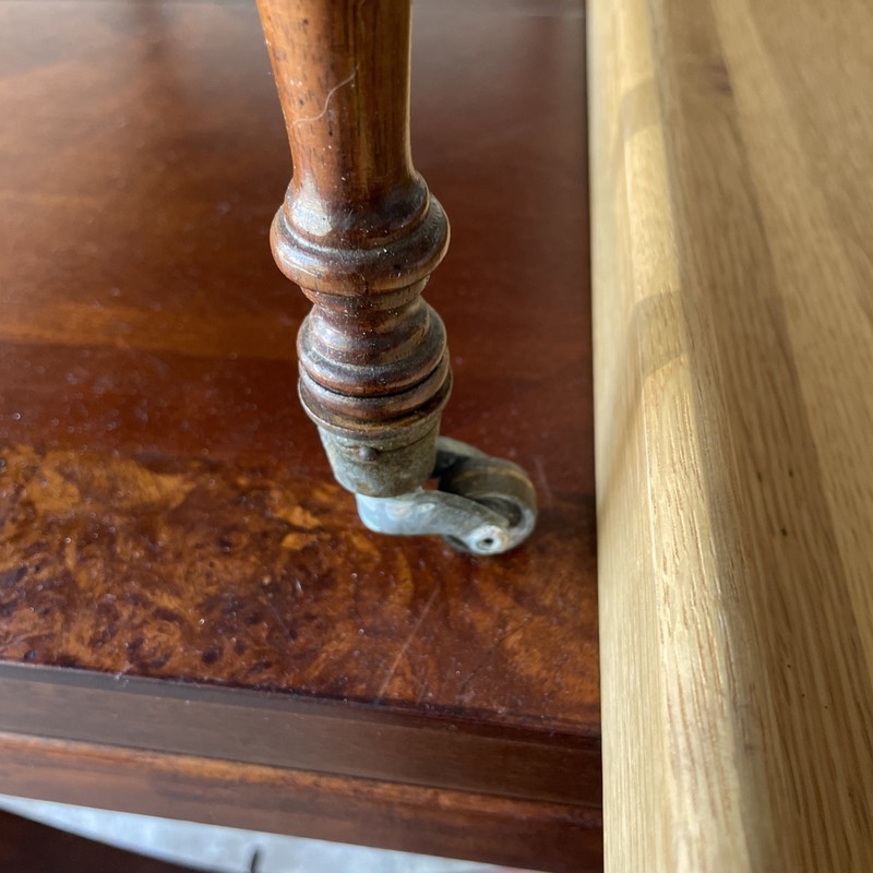 Hickory Chair Company Wood Two Tier Side-table On Wheels With Bottom Drawer. gallery