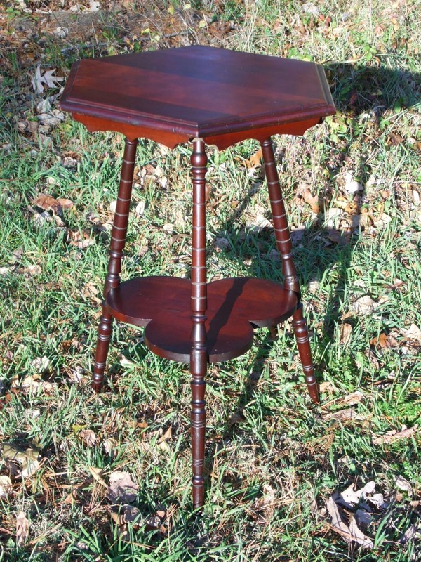 Vintage Solid Cherry Wood Tripod Hexagon 2 Tier Plant Stand Accent Table gallery