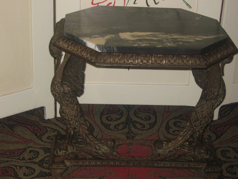 ANTIQUE CAST IRON METAL & MARBLE TOP TWO SWAN ACCENT TABLE ABE FRIEDMAN DESIGNER