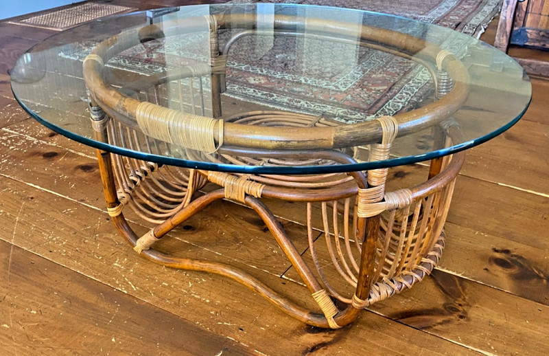 Vtg rattan Glass Coffee Table (chairs sold separately) MCM Albini Style 30"D gallery