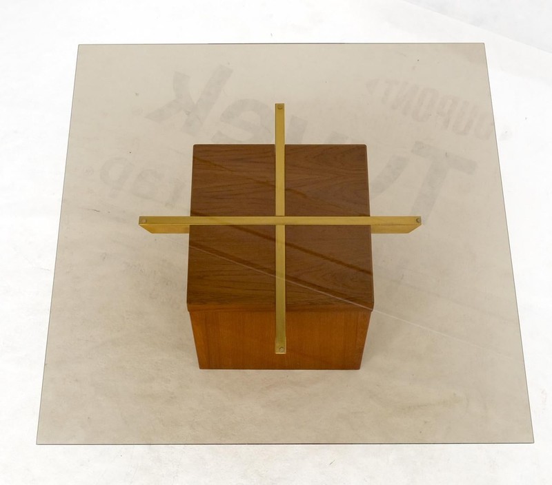 Teak Cube & Brass X Base Danish Modern Bronze Smoked Square Glass Coffee Table gallery
