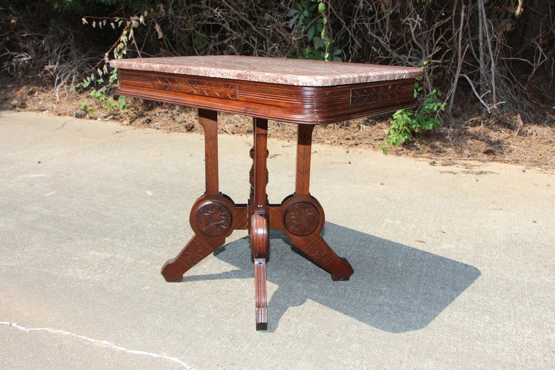 Large Walnut Victorian Eastlake Aesthetic Brown Marble Top Table ~ Ca.1880 gallery