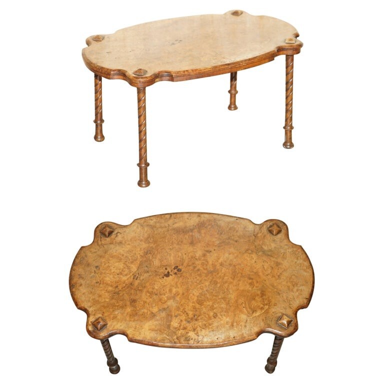 EXQUISITELY HAND CARVED BURR WALNUT COFFEE COCKTAIL TABLE LOVELY TURNED LEGS