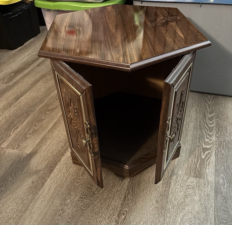 Vintage Hexagonal Wood Side End Table With Storage Compartment