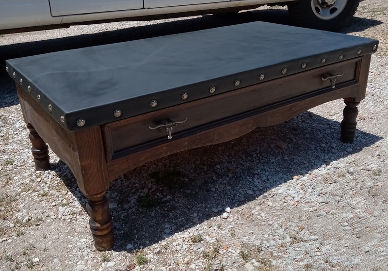 Rustic Pine Western Vinyl Top Coffee Table with Drawer (CT317)