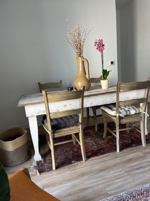 antique whitewashed dining table (farmhouse look) and matching modern chairs gallery