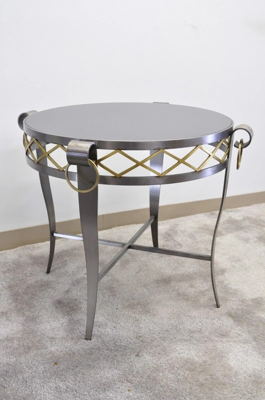 Neoclassical Maison Jansen Style Steel Black Marble Round Bouillotte Side Table gallery