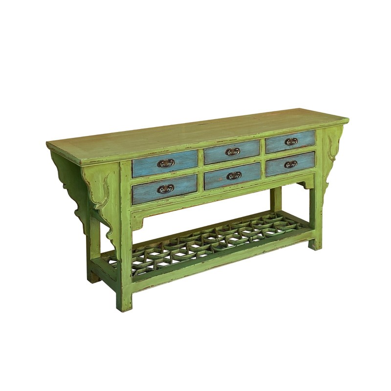 Distressed Lime Green 6 Blue Drawers Pedestal Sideboard Console Cabinet cs7823 gallery