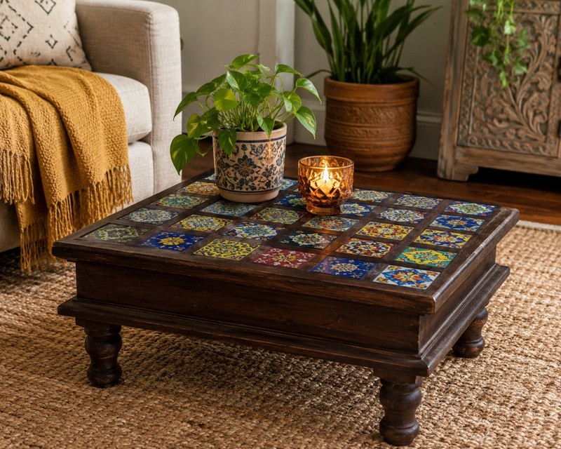 Vintage Handmade Mosaic Tile Wood Pedestal Table 18×18 Boho Folk Art Plant Stand