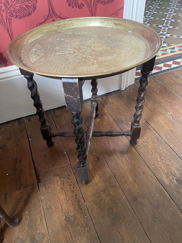 Antique Middle Eastern Folding Round Brass Tray Top Table campaign gallery