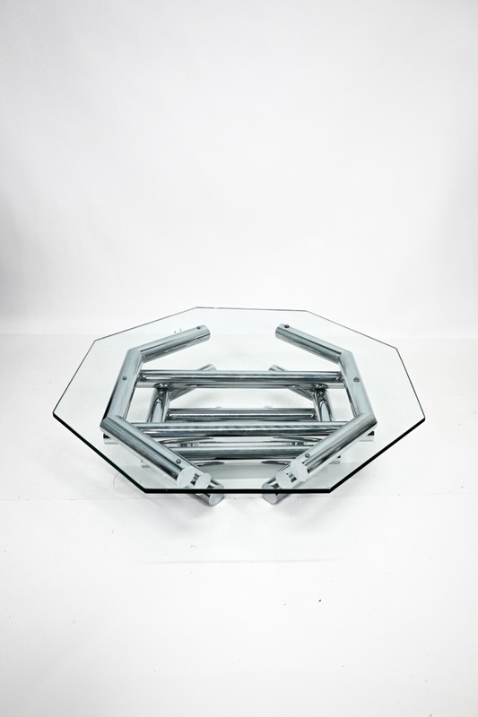 1970s Iconic Paul Mayen Style Chrome Coffee Table - Octagonal Glass Top gallery