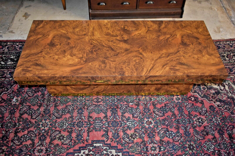 Mid Century Milo Baughman Burled Walnut, Brass Coffee Table Set, Hexagon Table gallery