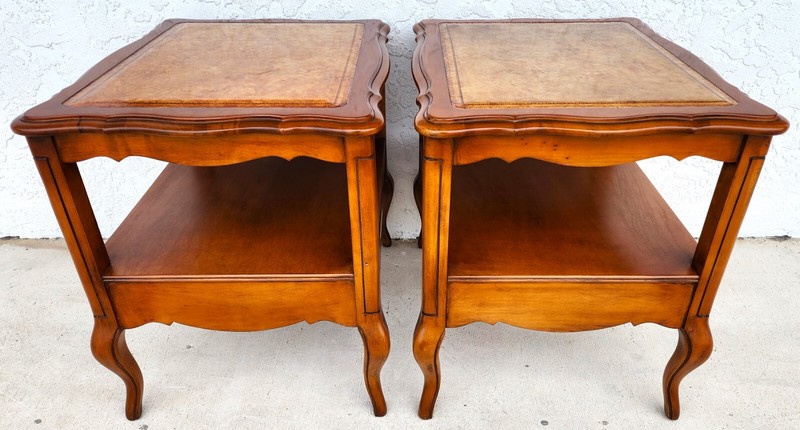 Vintage French Side Tables Walnut Leather Top by HAMMARY gallery