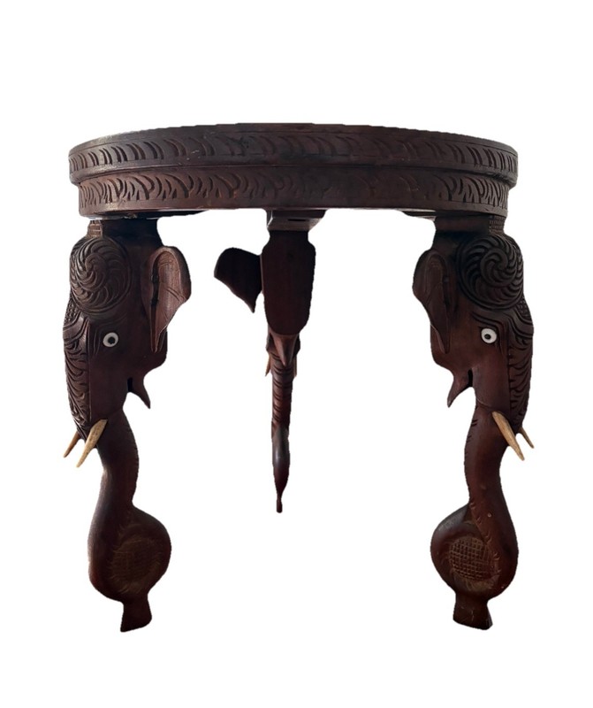 Vtg Anglo Raj Indian Hand Carved Rosewood Side Table w/ Elephant Head Trunk legs