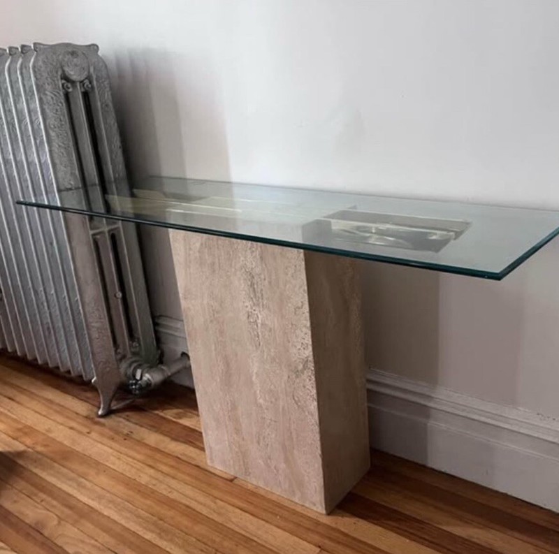 Modern Console Sofa Table Travertine & Brass Plate with Glass Top Style Artedi