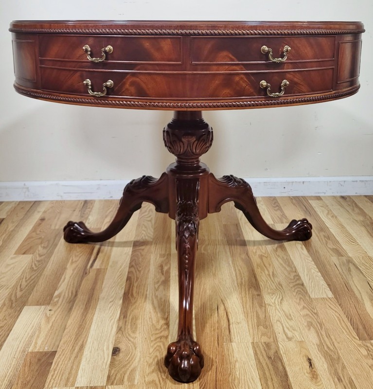 Vintage AMERICAN Mahogany Gilt Tooled LEATHER Top DRUM TABLE Heirloom WEIMAN gallery