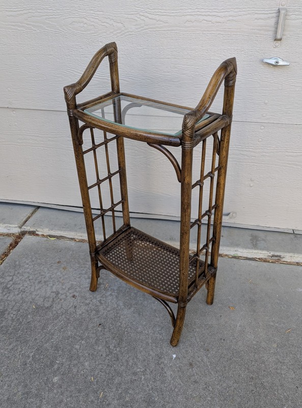Vintage Asian Boho Chic Bamboo Wicker Rattan 2-Tier Table Plant Stand Shelf F42