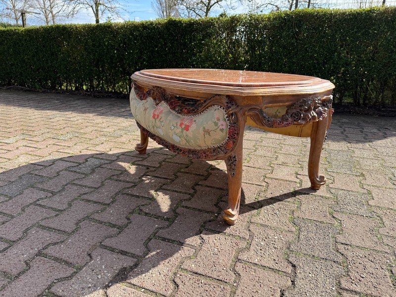 Coffee Table French Louis XVI 1950 Mahogany Marble Floral Damask Salon Table gallery