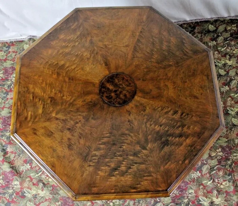 1920 Jacobean Walnut book match Octogen coffee Table gallery