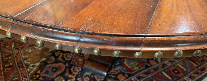 Large Round Continental Walnut Dining Table w/ Carved Pedestal and Nailwork Edge gallery