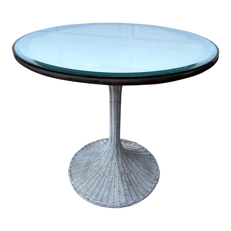 Mid-Century Vintage Coastal/Cottage Wicker, Wood, Glass Top Tulip Table