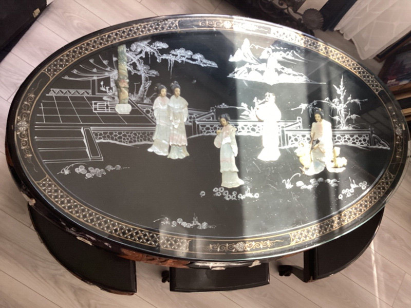 Vintage Chinese CoffeeTea LowTable W 6 Pull Chairs, Mother Of Pearl Blk Lacquer gallery
