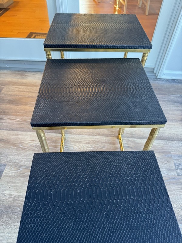Hollywood Regency Brass Faux Bamboo Nesting Tables With Black Faux Leather~3 Pc gallery