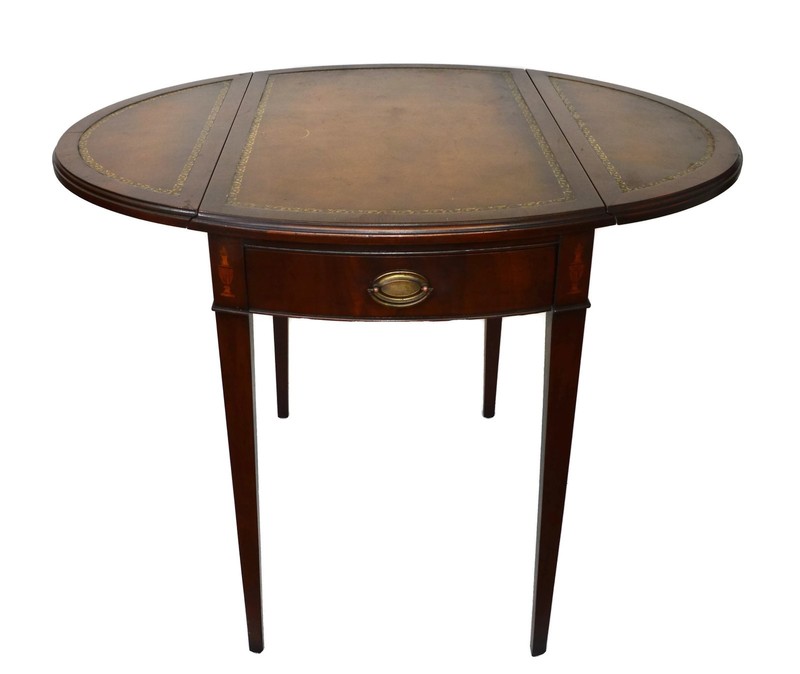 1940s Mahogany Pembroke Table Drop Leaves Gold Trimmed Leather Top and Drawer