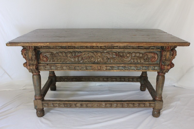 Polychrome Carved Spanish Baroque / Colonial Oak Refectory Table Circa (AF1-371) gallery