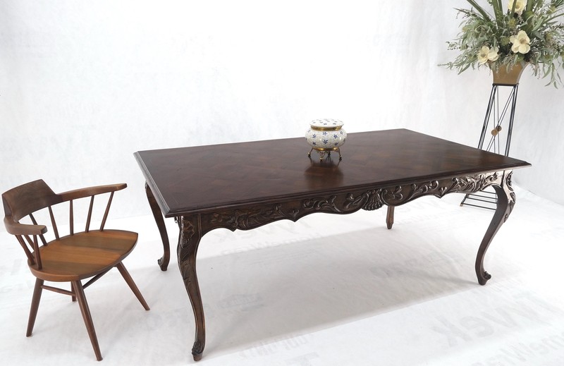 Large French Walnut Refectory Two Leaves Parquetry Carved Top Dining Room Table gallery