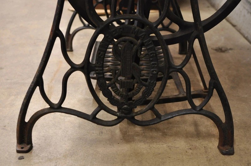 Antique Cast Iron Singer Treadle Sewing Machine Base Oval Marble Console Table gallery