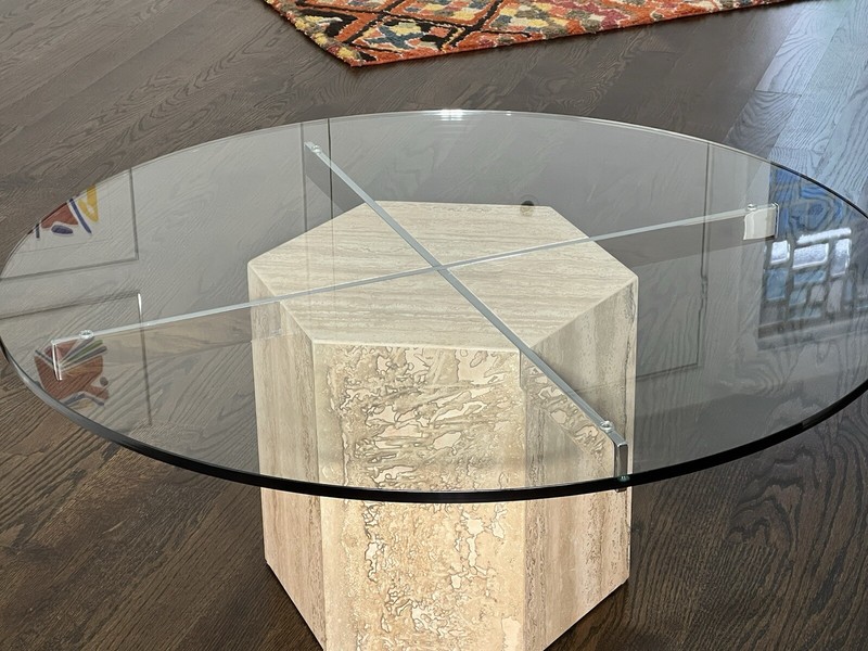 Modern Italian Travertine Hexagon Base Circular Glass Top Coffee Table