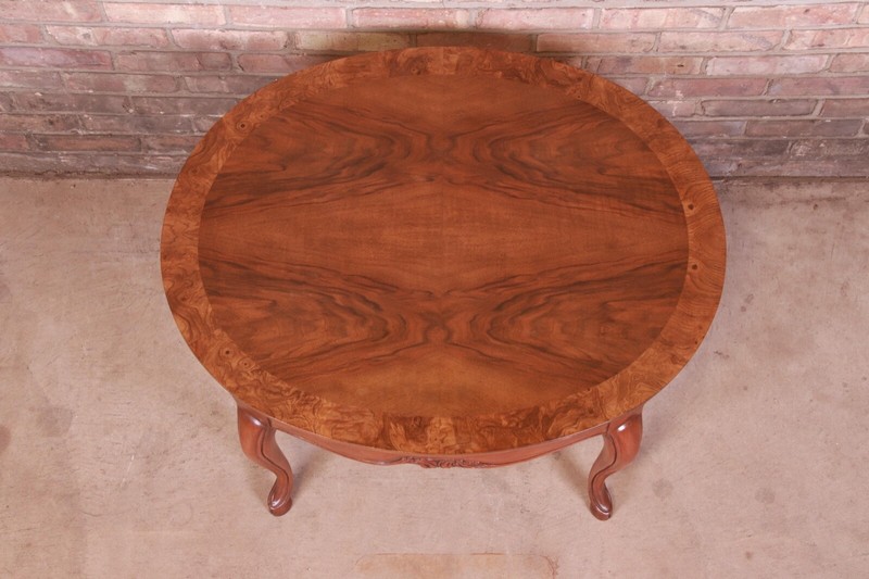 Baker Furniture Queen Anne Burled Walnut and Cherry Wood Coffee Table gallery