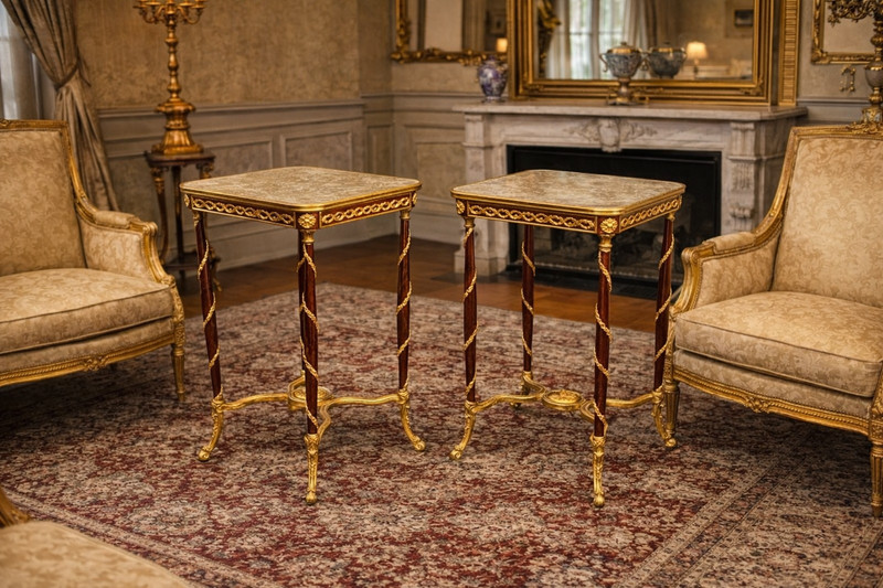 Tables Louis XVI Pair (2 pcs) Mahogany Marble Top Bronze Mounted French Elegance