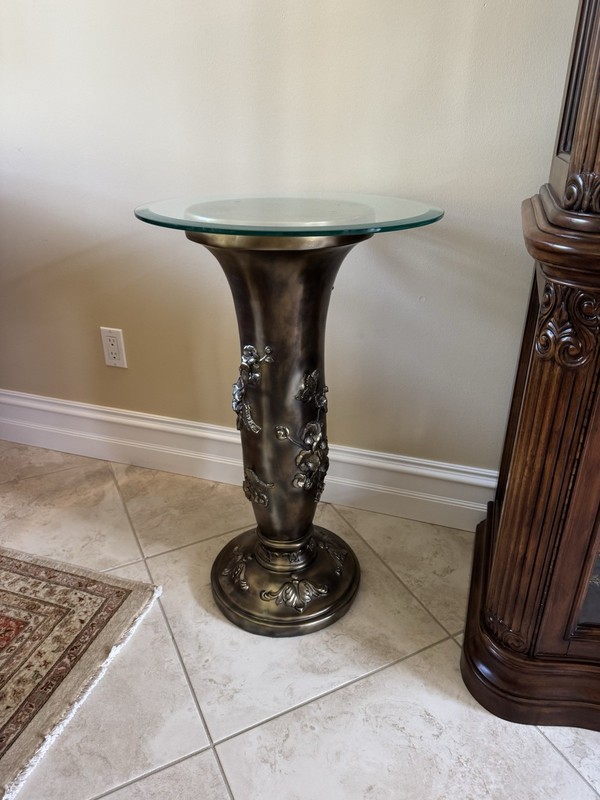 Heavy Bronze Pedestal Table With Glass Top For Living Room Or Decorative Piece