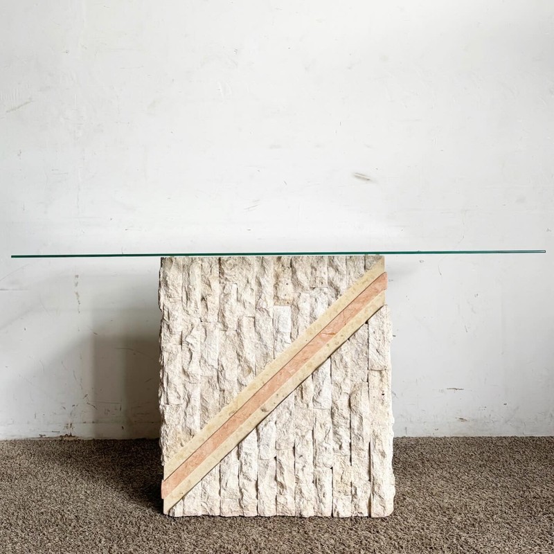 Postmodern Tessellated Pink and Beige Stone Glass Top Console Table gallery
